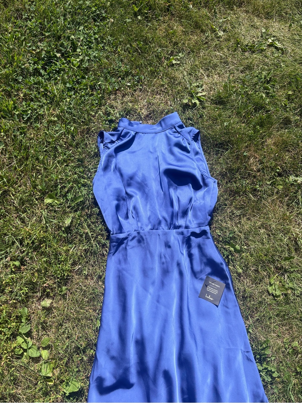 Lulus NEW WITH TAGS Classic Elegance Blue Satin Sleeveless Mock Neck Maxi Dress - Picture 7 of 8